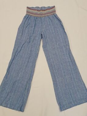 Indigo Rein Juniors M Linen Wide Leg Pants Embroidery Smocked Blue Pink Yellow
